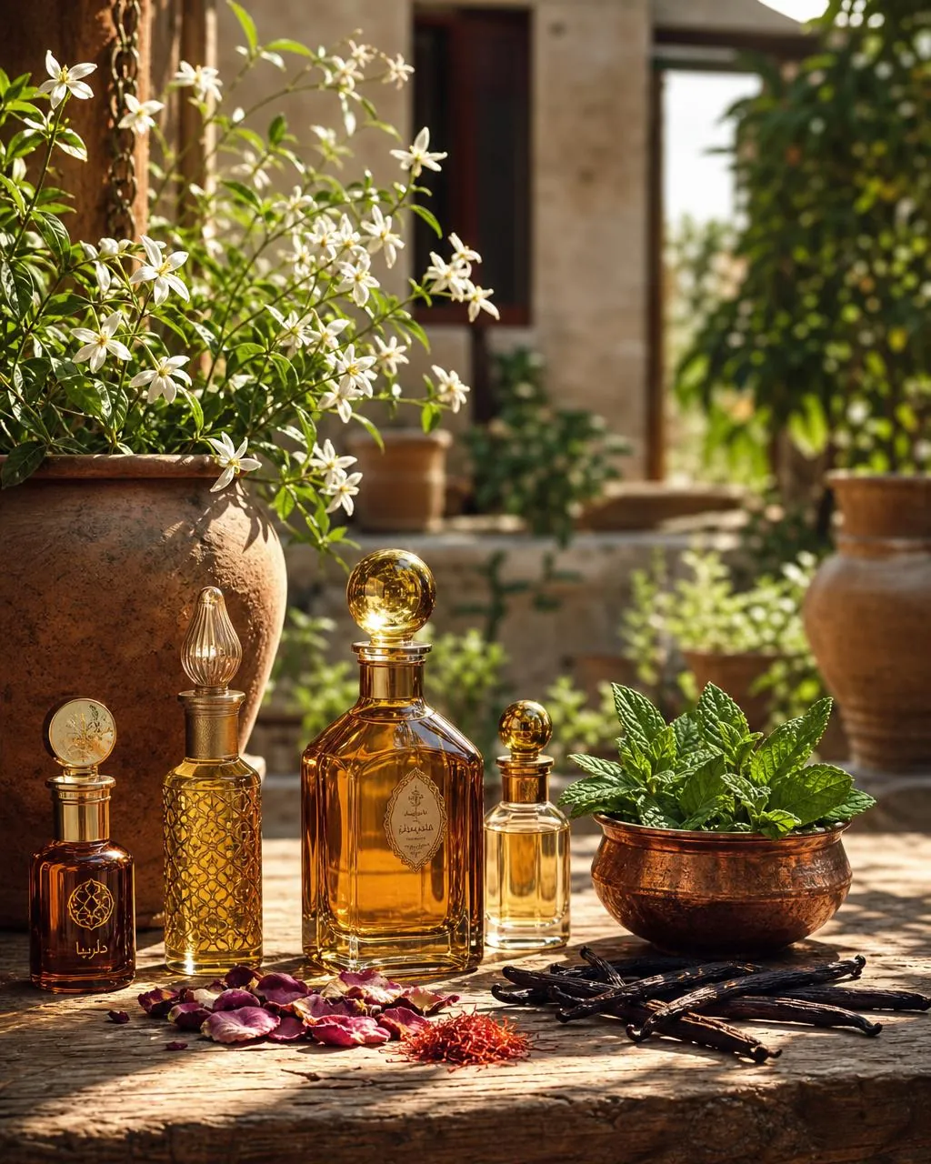 Alifa perfumer pouring oil into an amber bottle